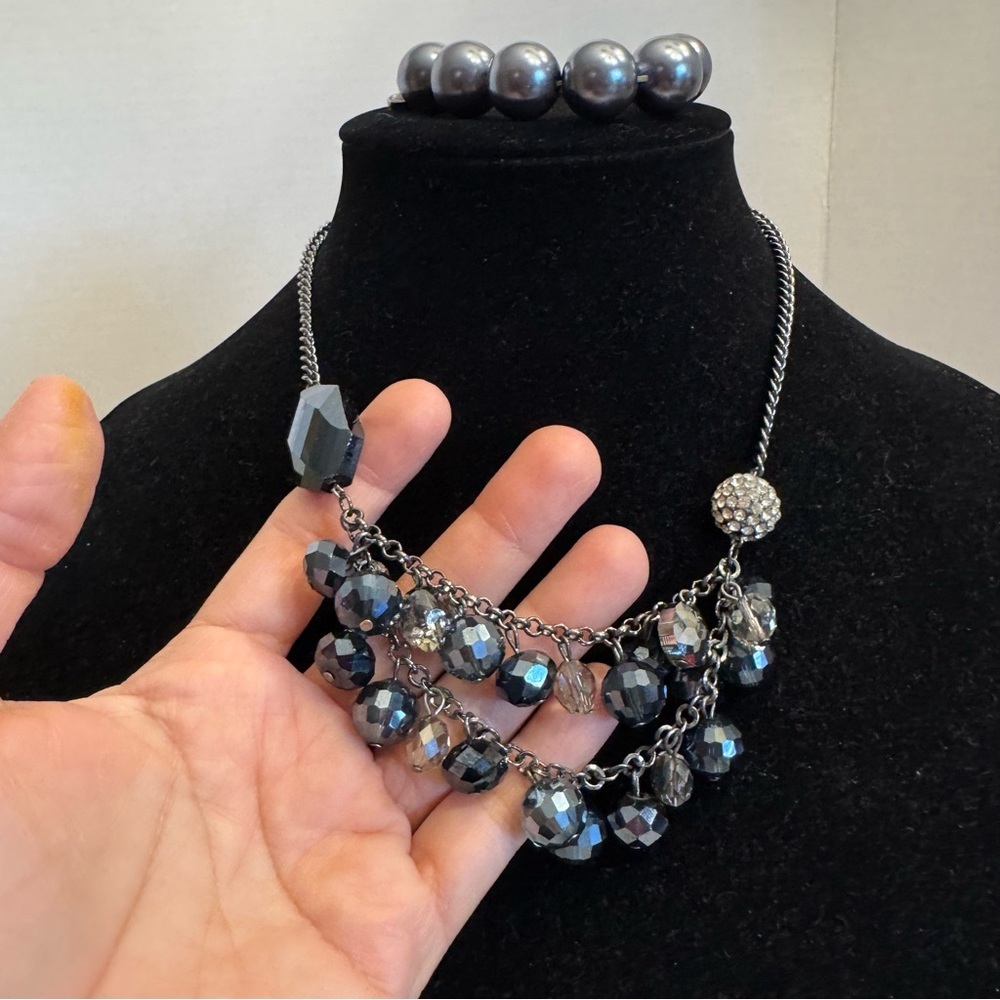 Simply Vera Wang Silver Black Gray Faux Pearls Necklace & Bracelet Jewelry Set